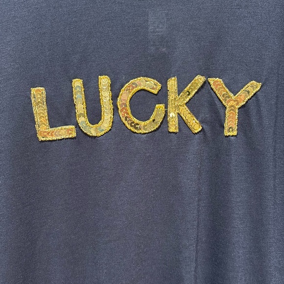 “LUCKY” Gold Sequined, Navy, Wide Neck, Short Sleeve Dolman Shirt - Picture 4 of 6